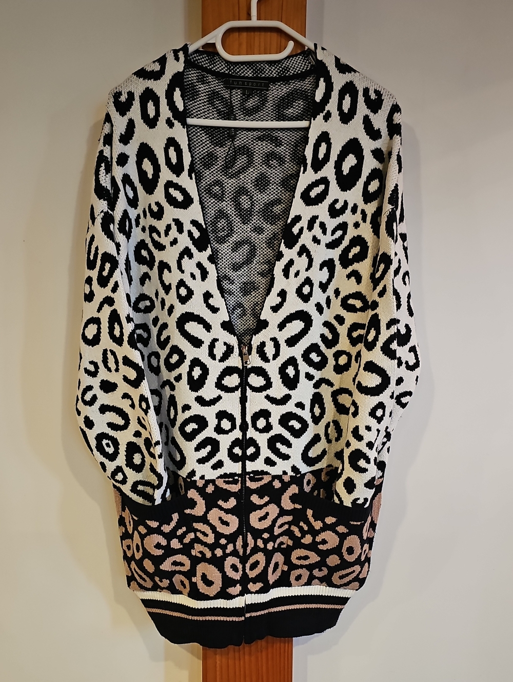 Leopard Print Zip-Front Cardigan Sweater - Black, White & Blush